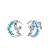 Moon & Angel Stud Earrings Lab Created Opal 925 Sterling Silver (10.5mm)