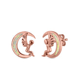Moon & Angel Stud Earrings Lab Created Opal 925 Sterling Silver (10.5mm)