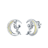 Moon & Angel Stud Earrings Lab Created Opal 925 Sterling Silver (10.5mm)