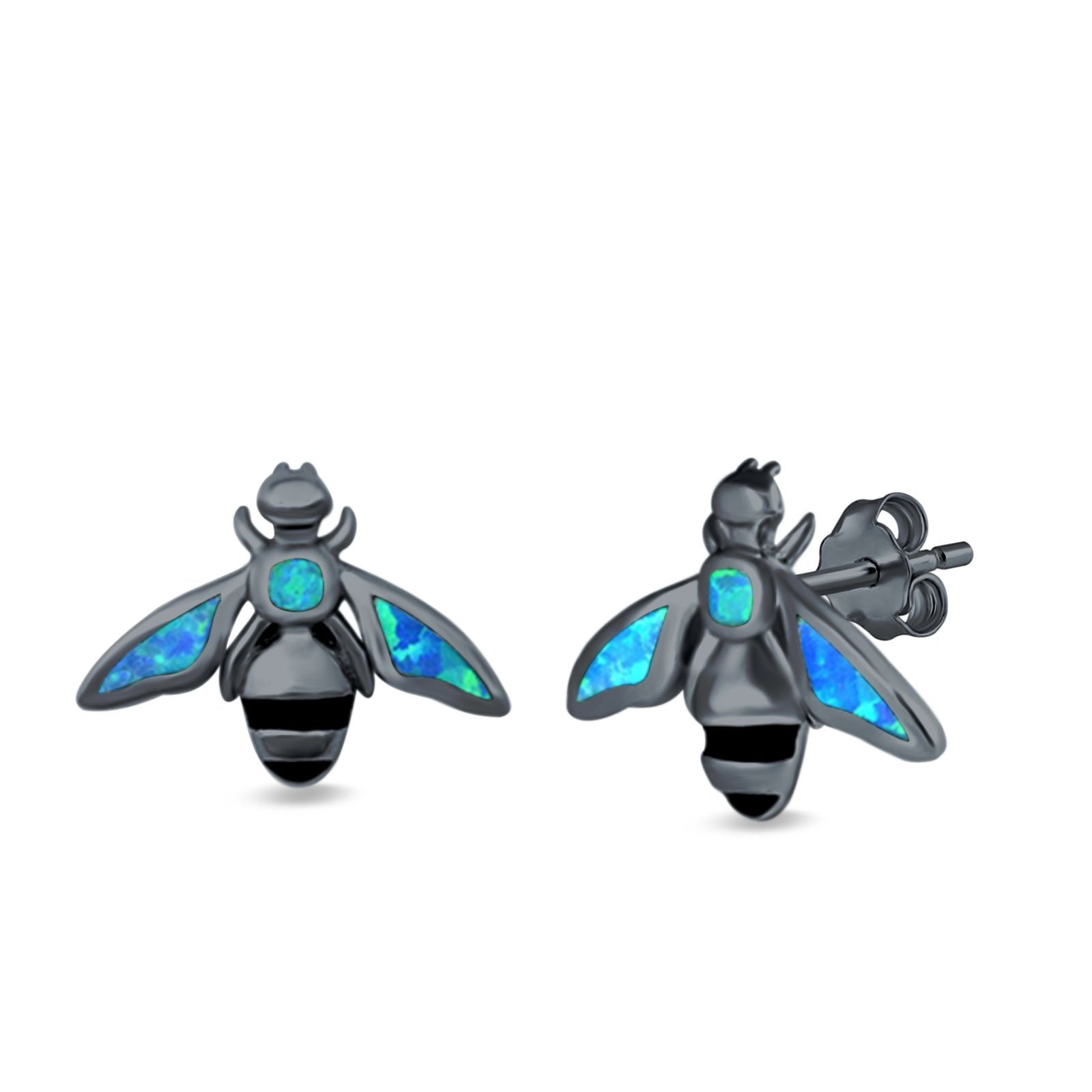 Bee Stud Earrings Lab Created Opal 925 Sterling Silver (11mm)