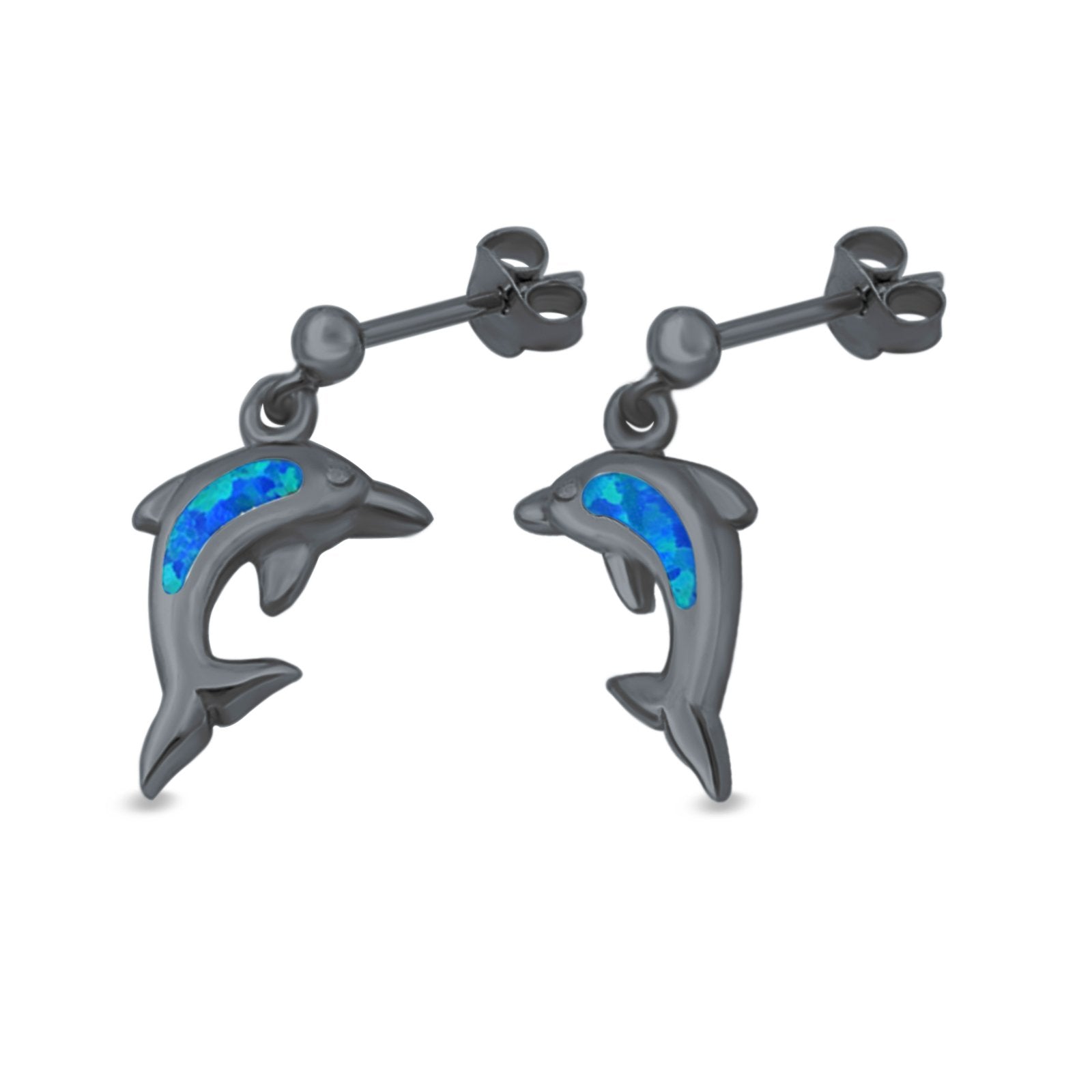 Dolphin Stud Earrings Lab Created Opal 925 Sterling Silver (13mm)