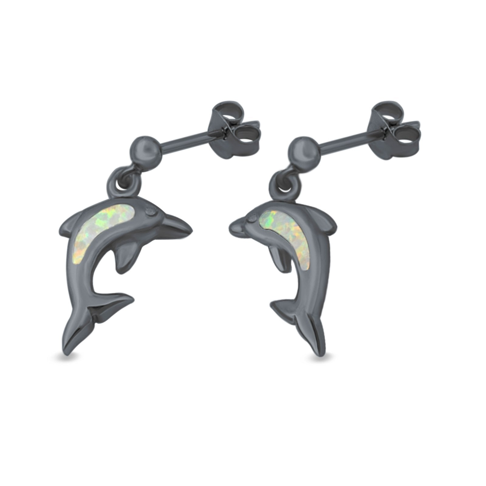 Dolphin Stud Earrings Lab Created Opal 925 Sterling Silver (13mm)