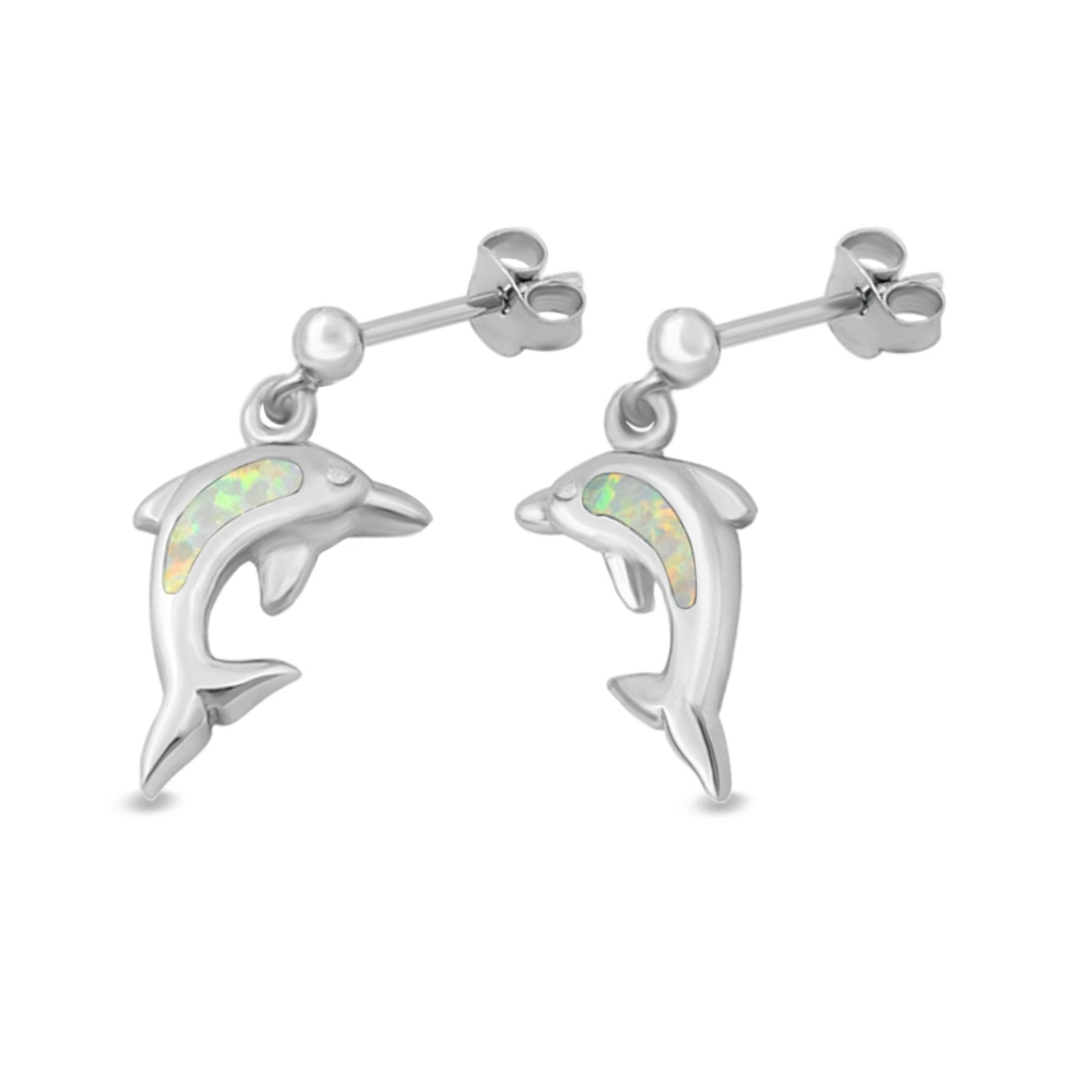 Dolphin Stud Earrings Lab Created Opal 925 Sterling Silver (13mm)