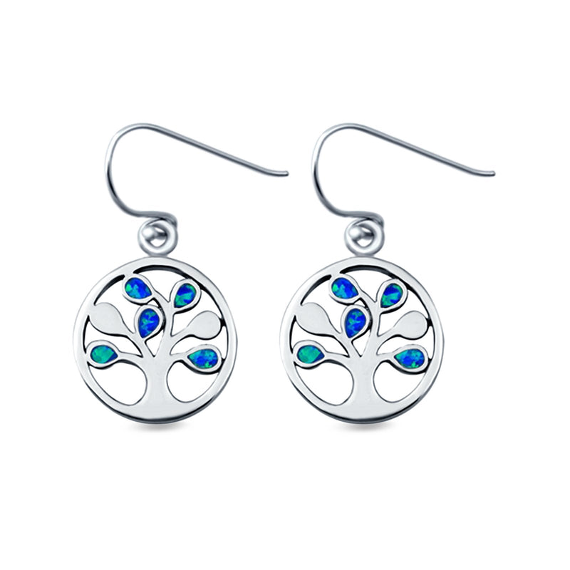 Tree Round Drop Dangle Earrings Round Lab Created Opal 925 Sterling Silver (18mm)