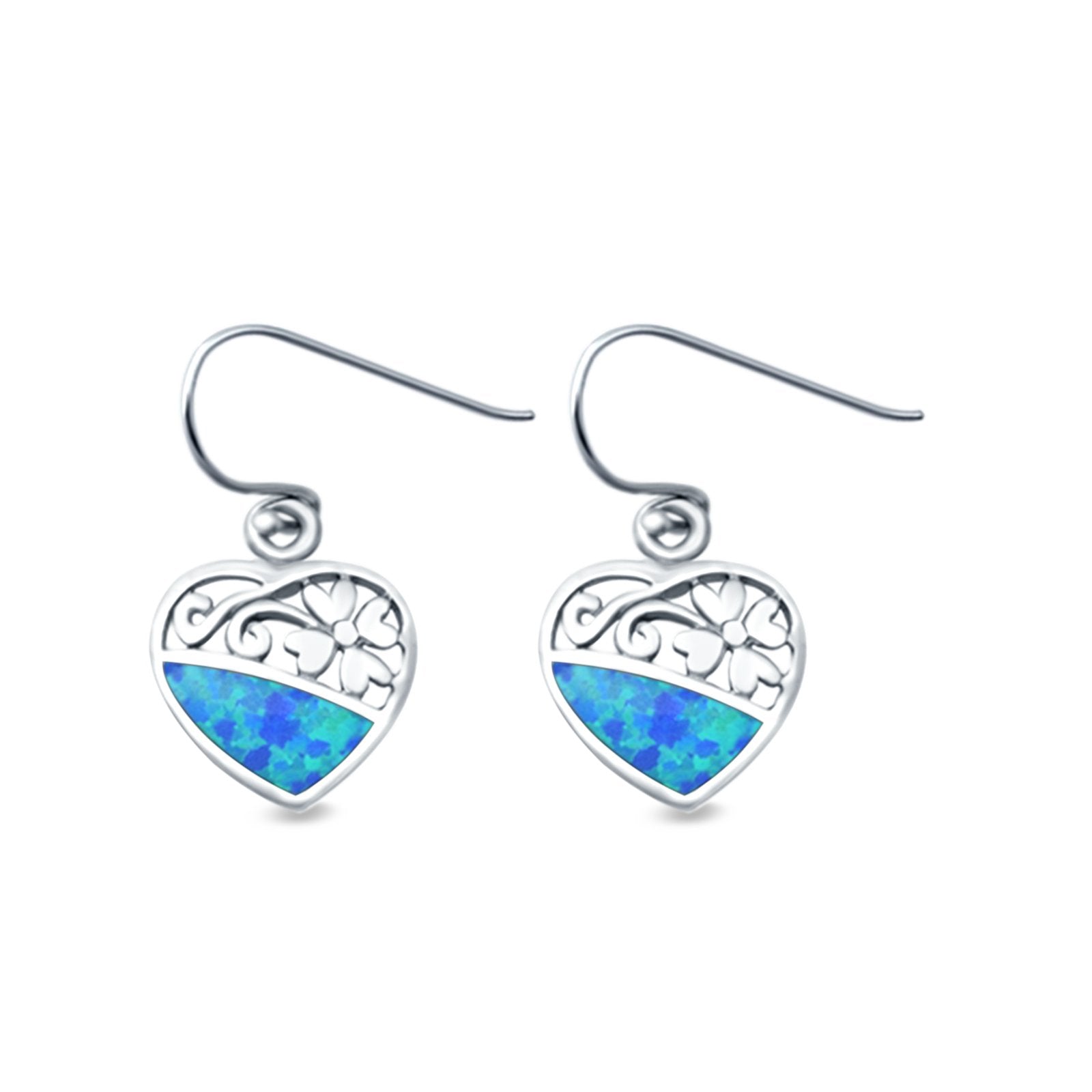 Heart & Flower Drop Dangle Earrings Lab Created Opal 925 Sterling Silver (12mm)
