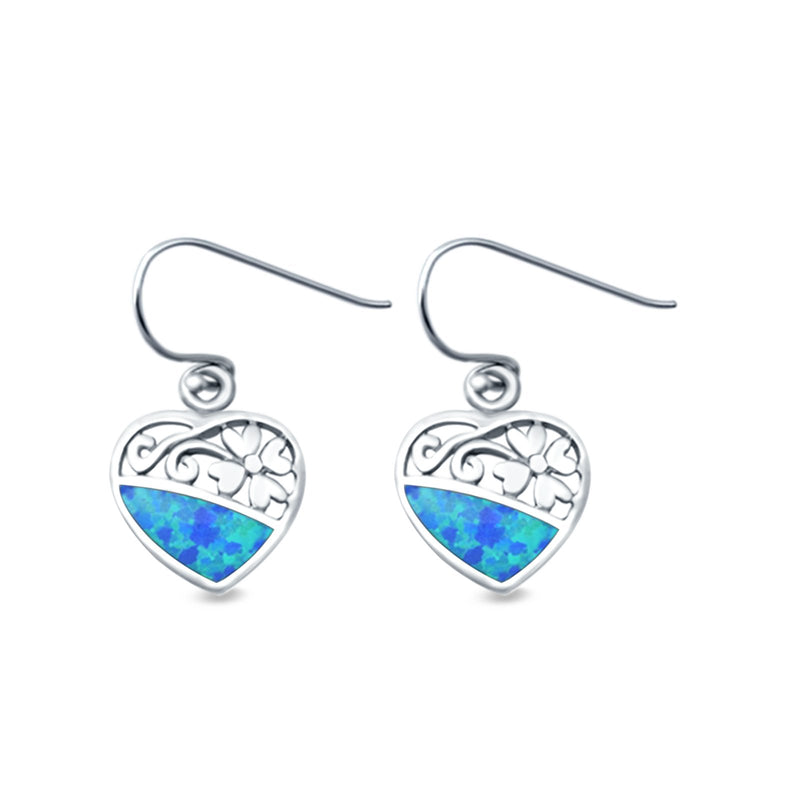 Heart & Flower Drop Dangle Earrings Lab Created Opal 925 Sterling Silver (12mm)