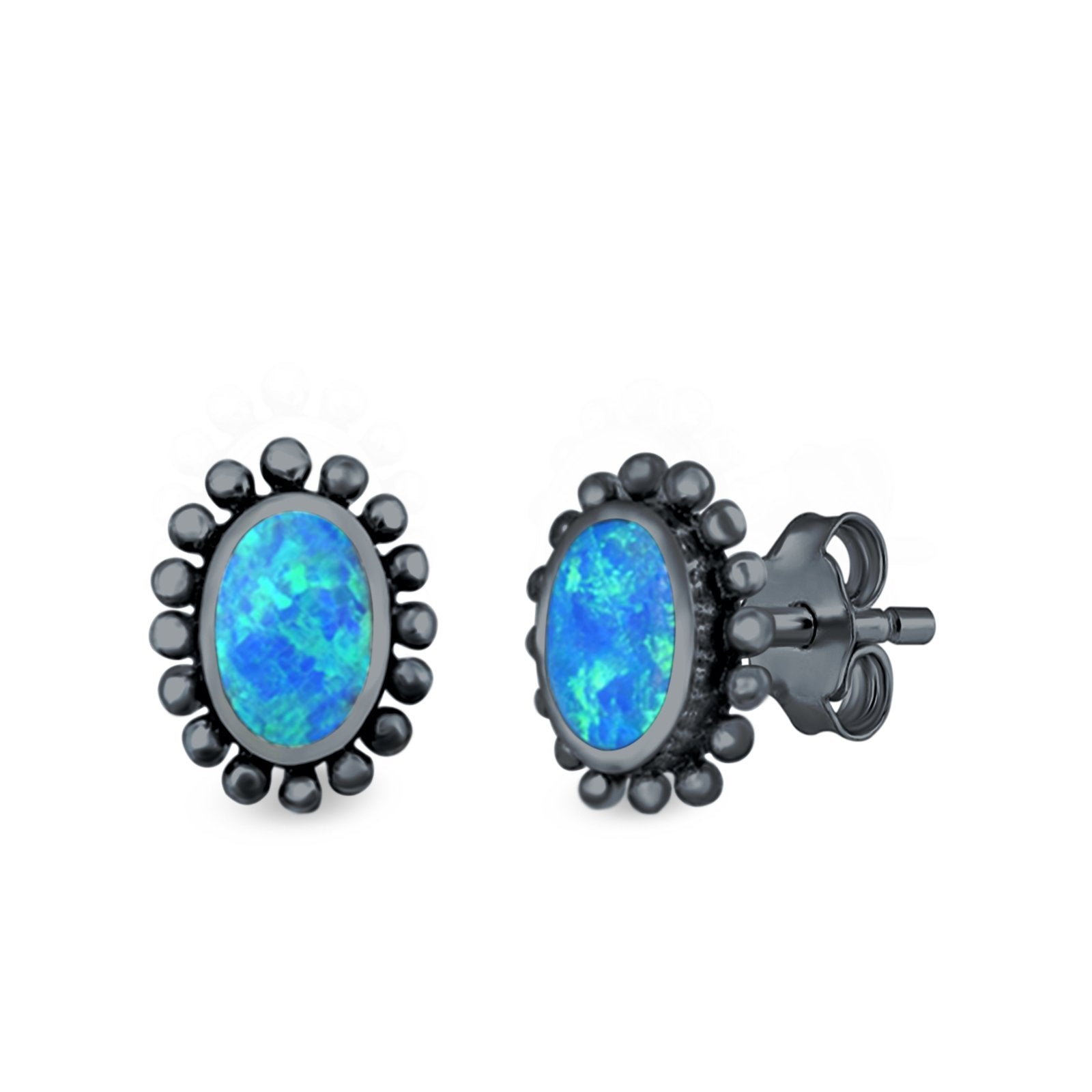 Oval Stud Earrings Lab Created Opal 925 Sterling Silver (8mm)