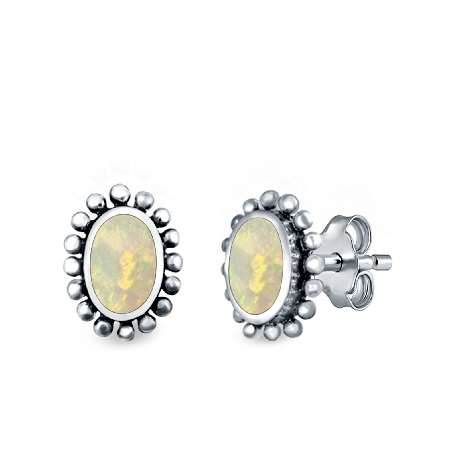 Flower Oval Shape Stud Earrings Lab Created Opal 925 Sterling Silver (9mm)