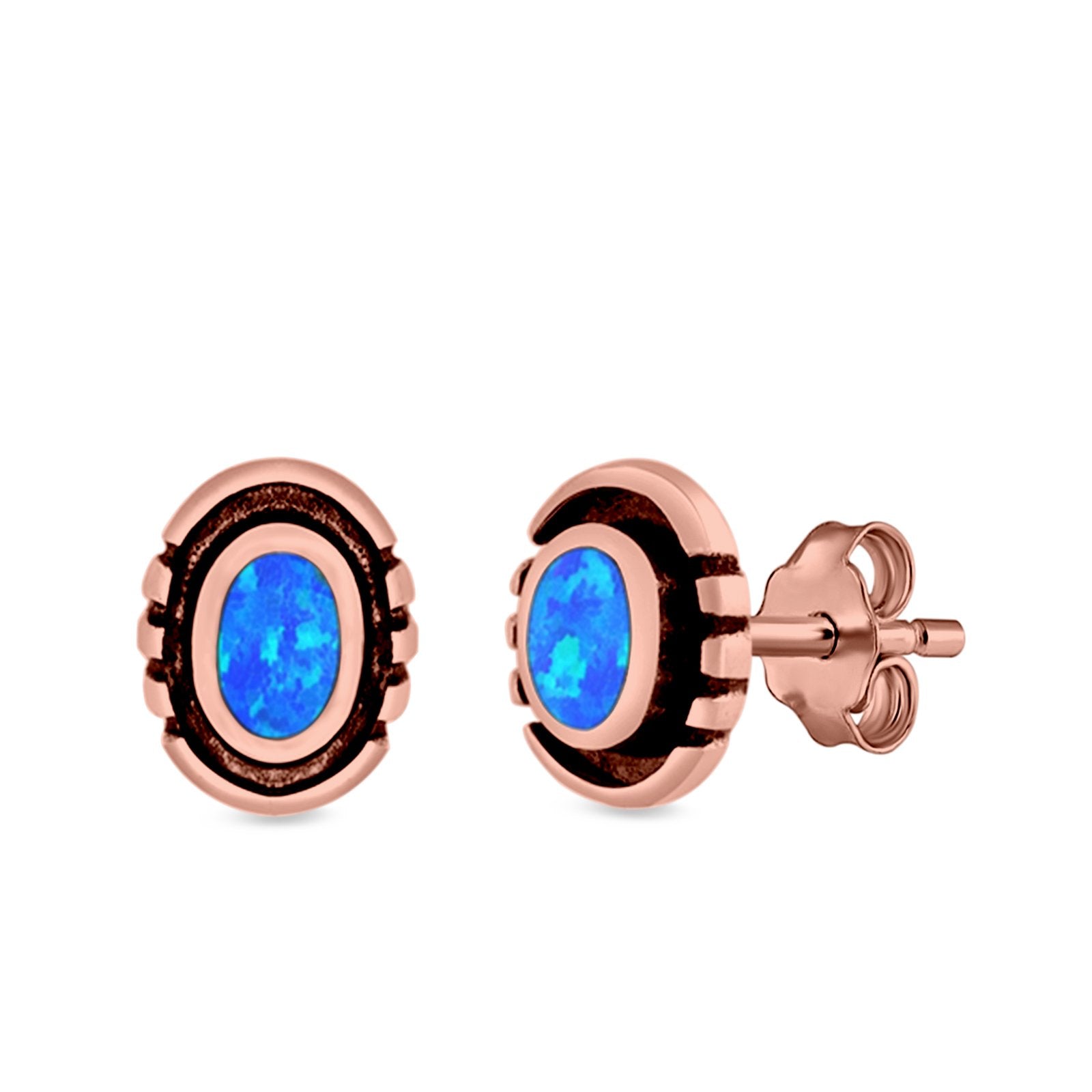 Oval Stud Earrings Lab Created Opal 925 Sterling Silver (8.5mm)