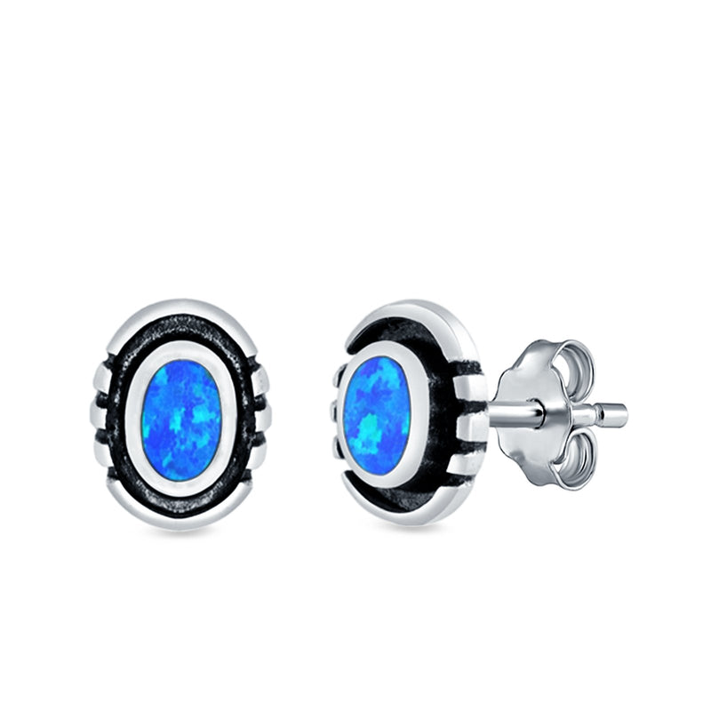 Oval Stud Earrings Lab Created Opal 925 Sterling Silver (8.5mm)