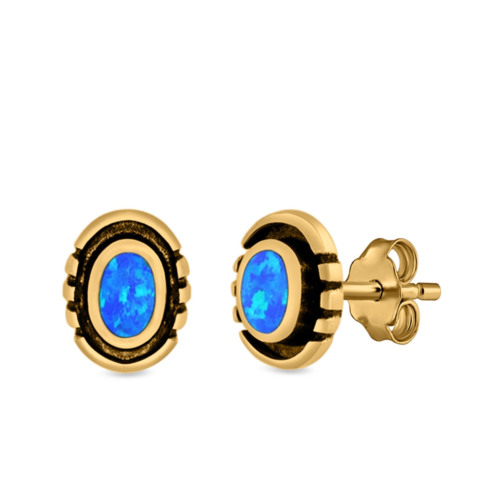 Oval Stud Earrings Lab Created Opal 925 Sterling Silver (8.5mm)