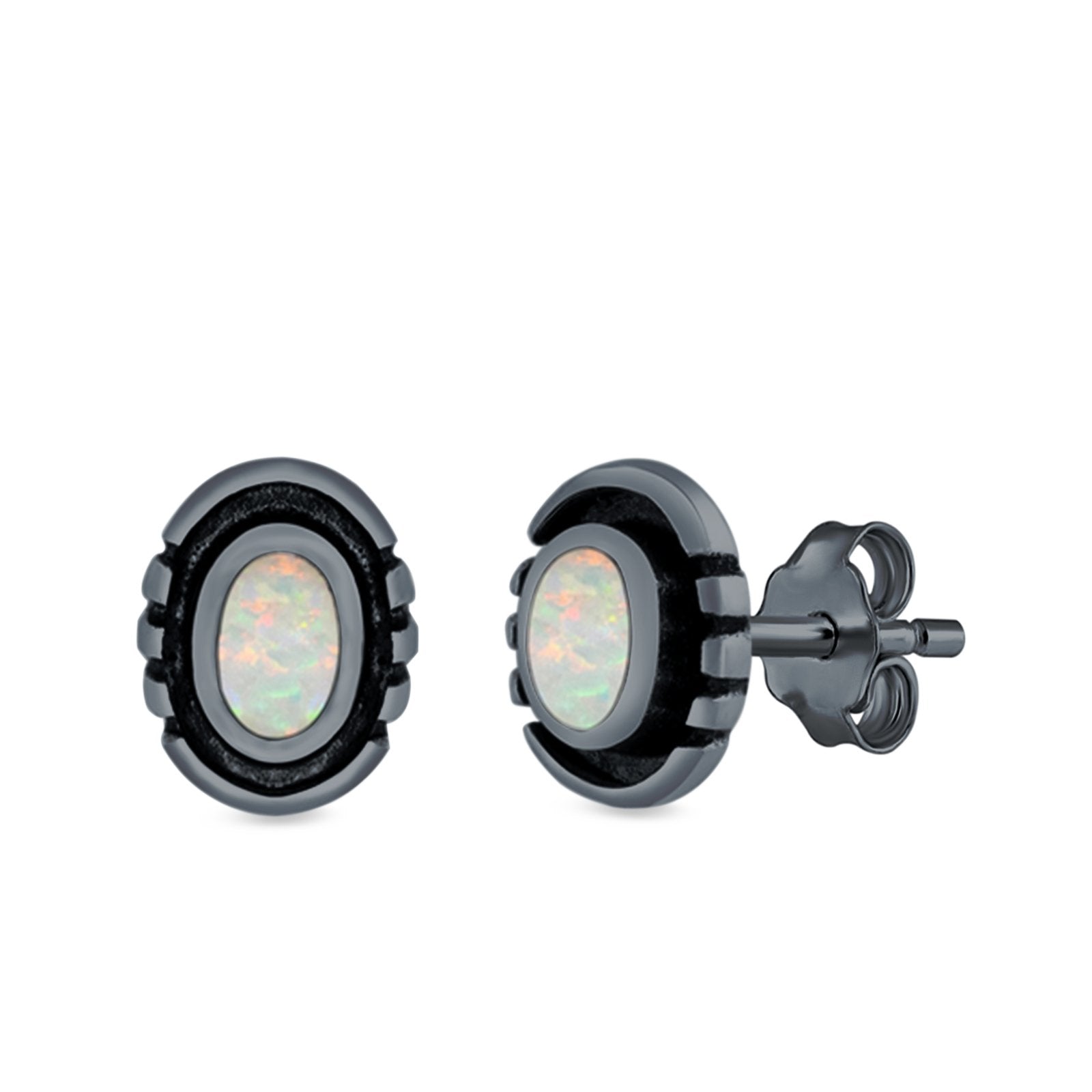 Oval Stud Earrings Lab Created Opal 925 Sterling Silver (8.5mm)