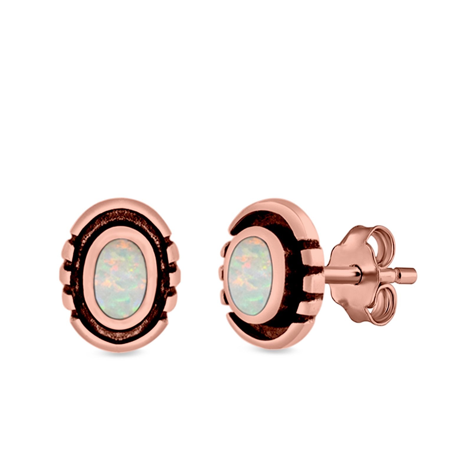 Oval Stud Earrings Lab Created Opal 925 Sterling Silver (8.5mm)