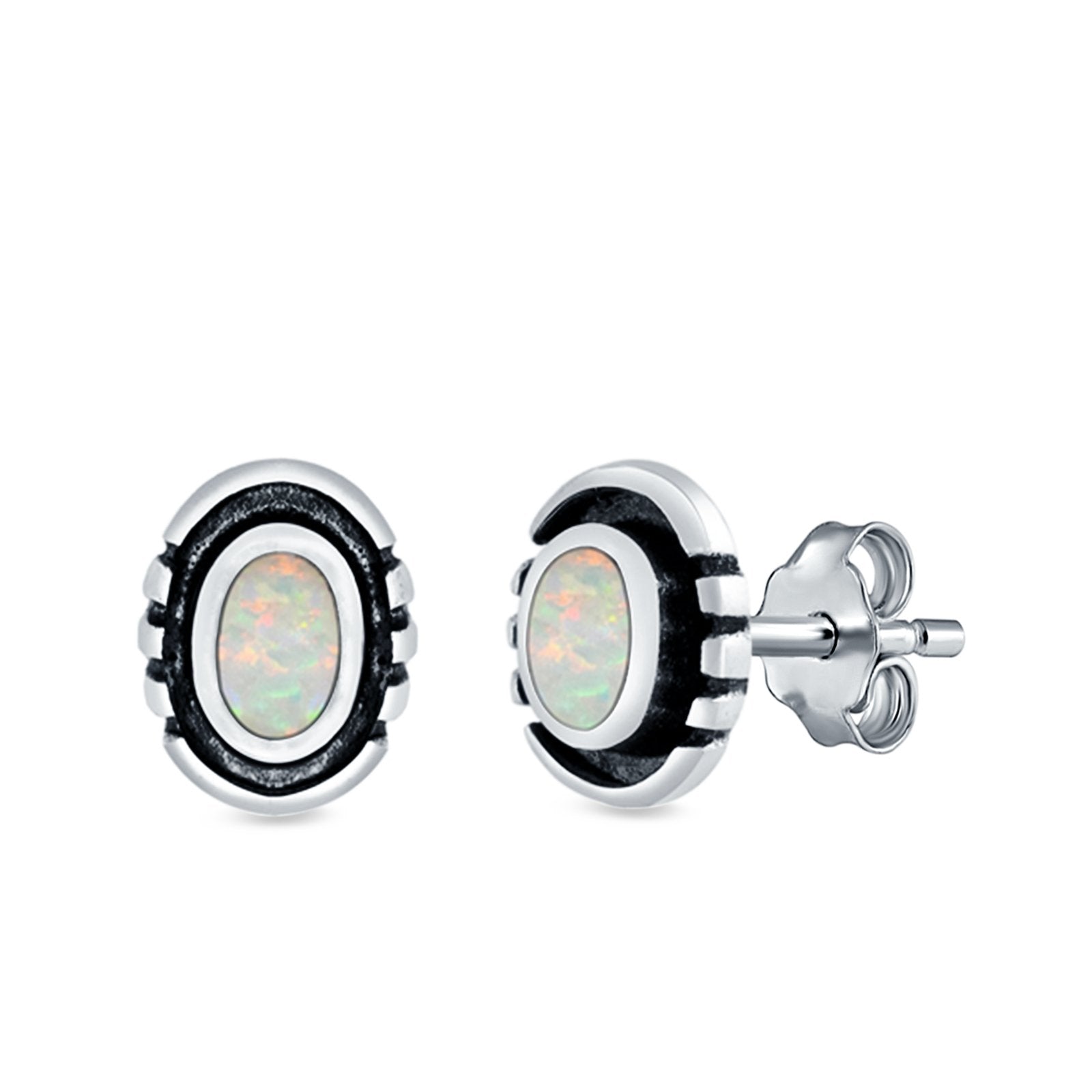 Oval Stud Earrings Lab Created Opal 925 Sterling Silver (8.5mm)
