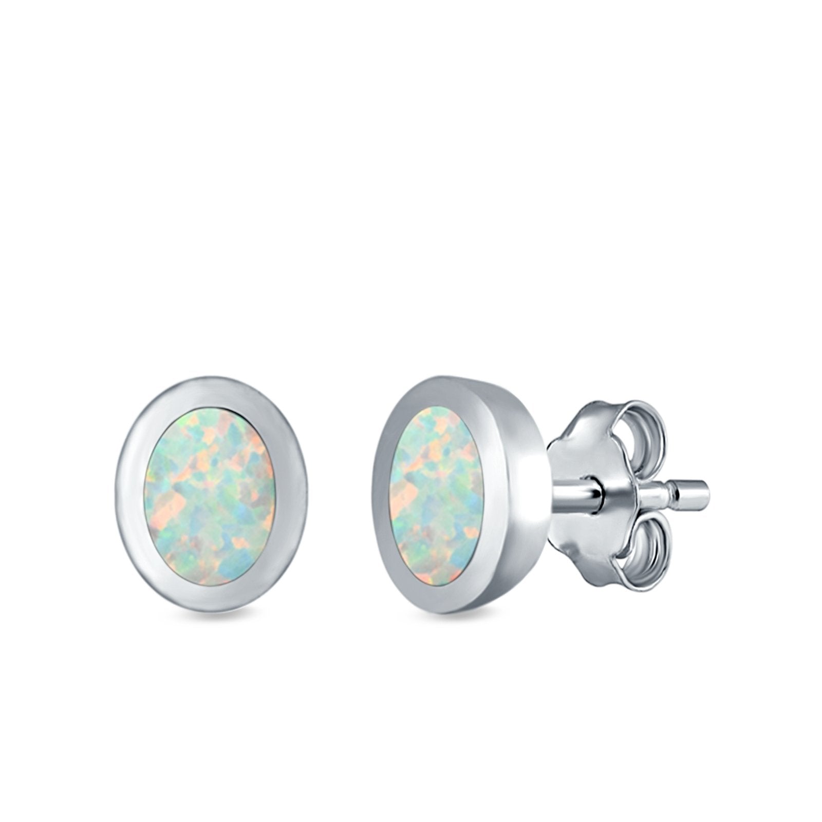 Oval Stud Earrings Lab Created Opal 925 Sterling Silver (6mm)