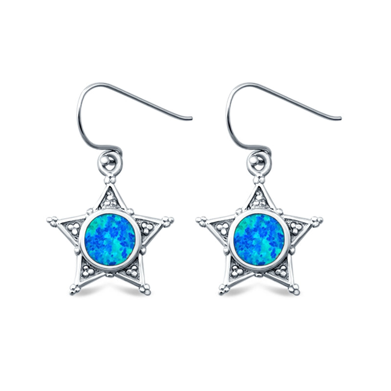 Sheriff Star Drop Dangle Earrings Round Lab Created Opal 925 Sterling Silver (14mm)