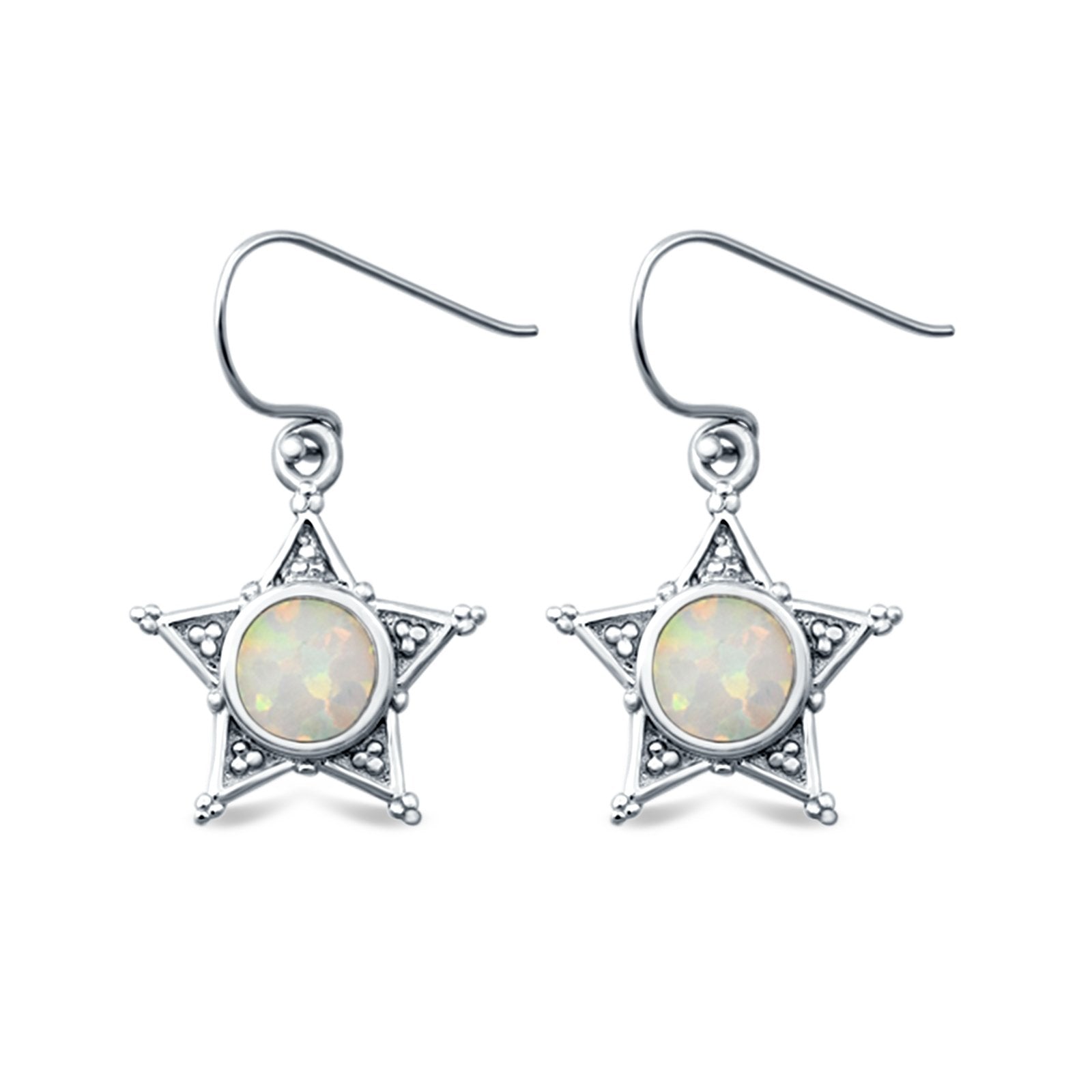 Sheriff Star Drop Dangle Earrings Round Lab Created Opal 925 Sterling Silver (14mm)