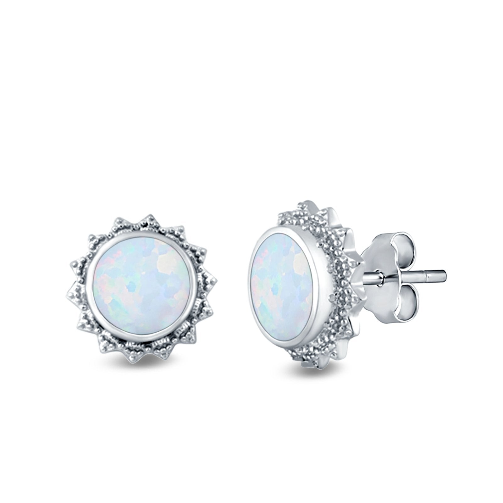 Round Stud Earrings Lab Created Opal 925 Sterling Silver (11mm)