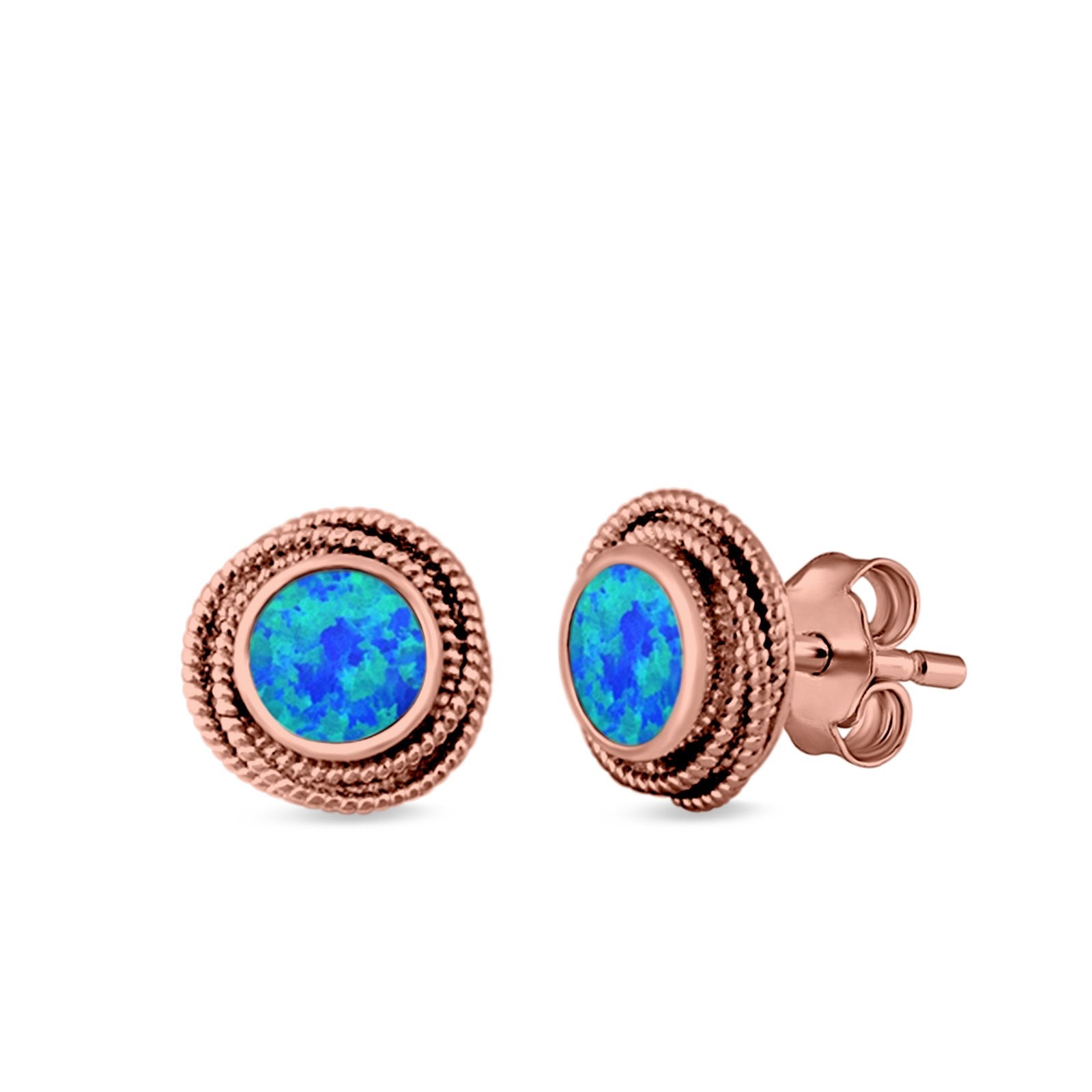 Round Rope Stud Earrings Lab Created Opal 925 Sterling Silver (10mm)