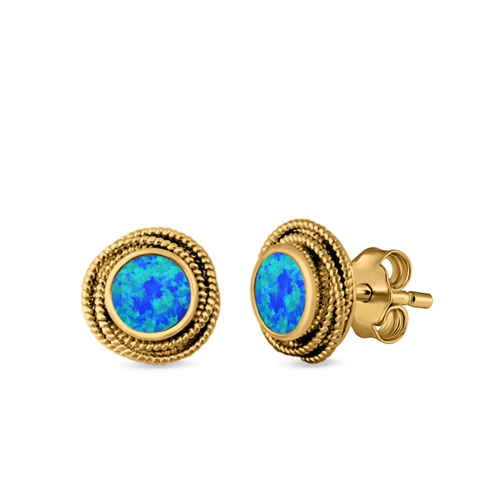 Round Rope Stud Earrings Lab Created Opal 925 Sterling Silver (10mm)