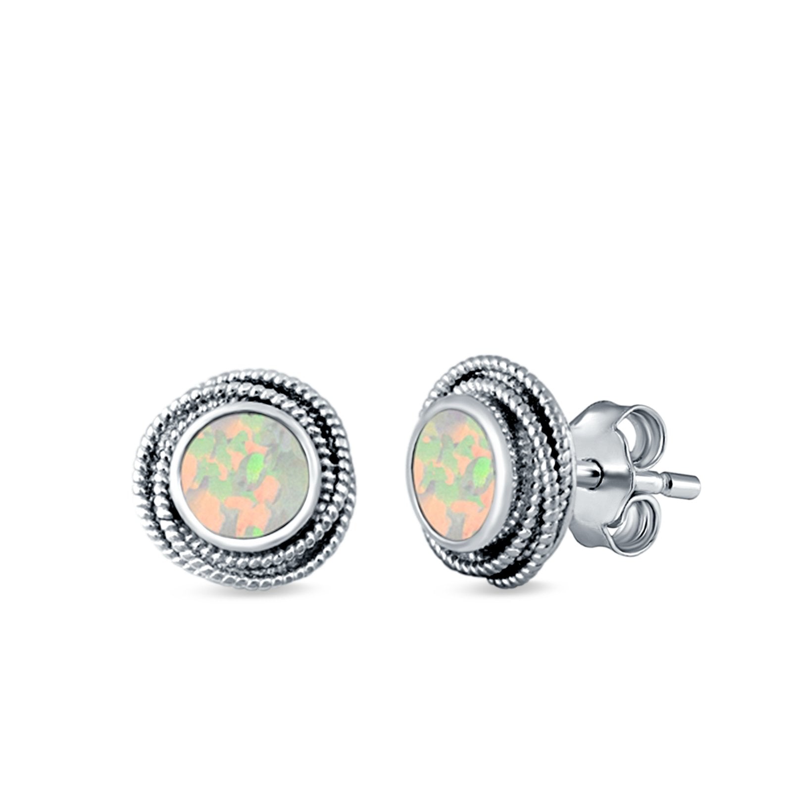 Round Rope Stud Earrings Lab Created Opal 925 Sterling Silver (10mm)