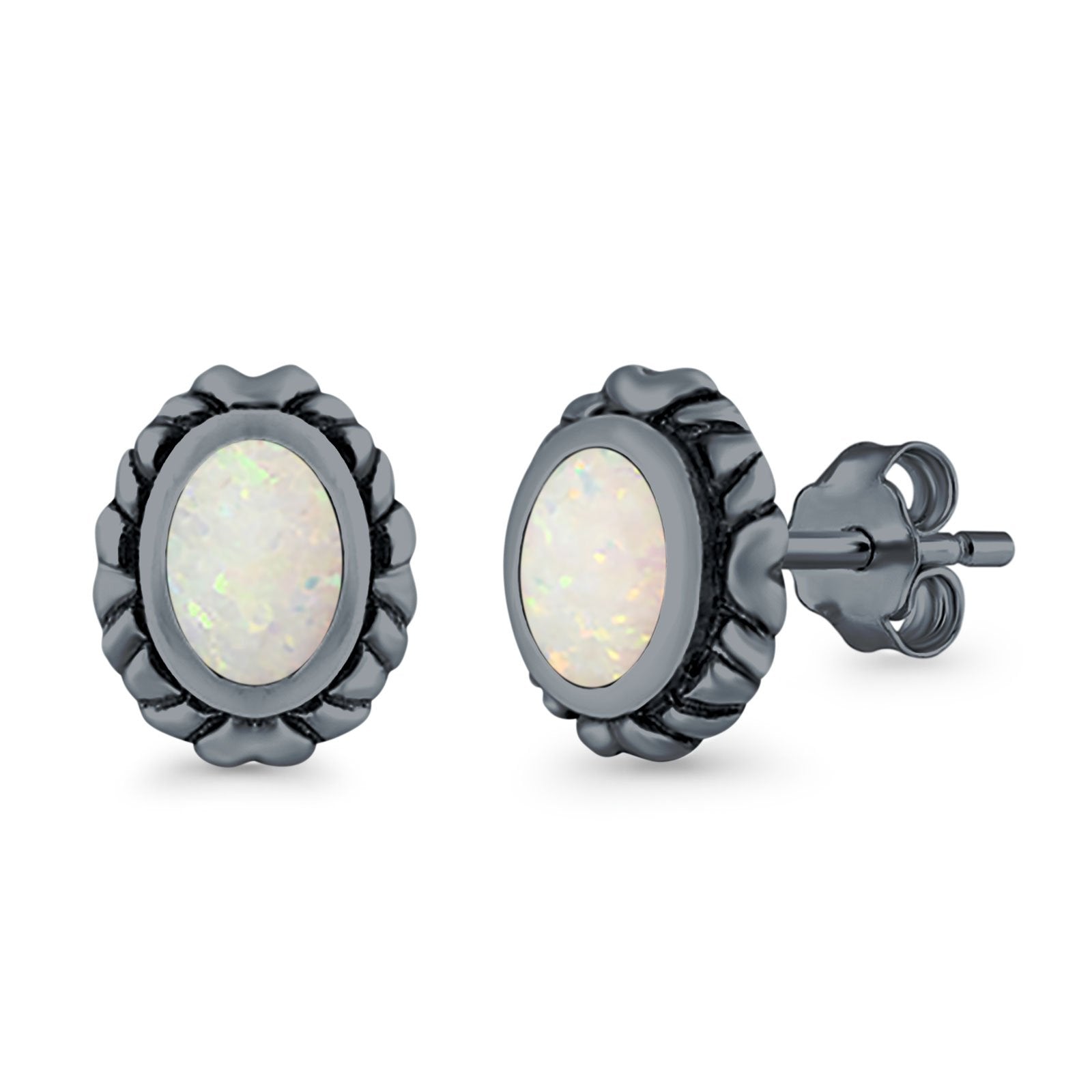 Oval Stud Earrings Created Opal 925 Sterling Silver (10mm)