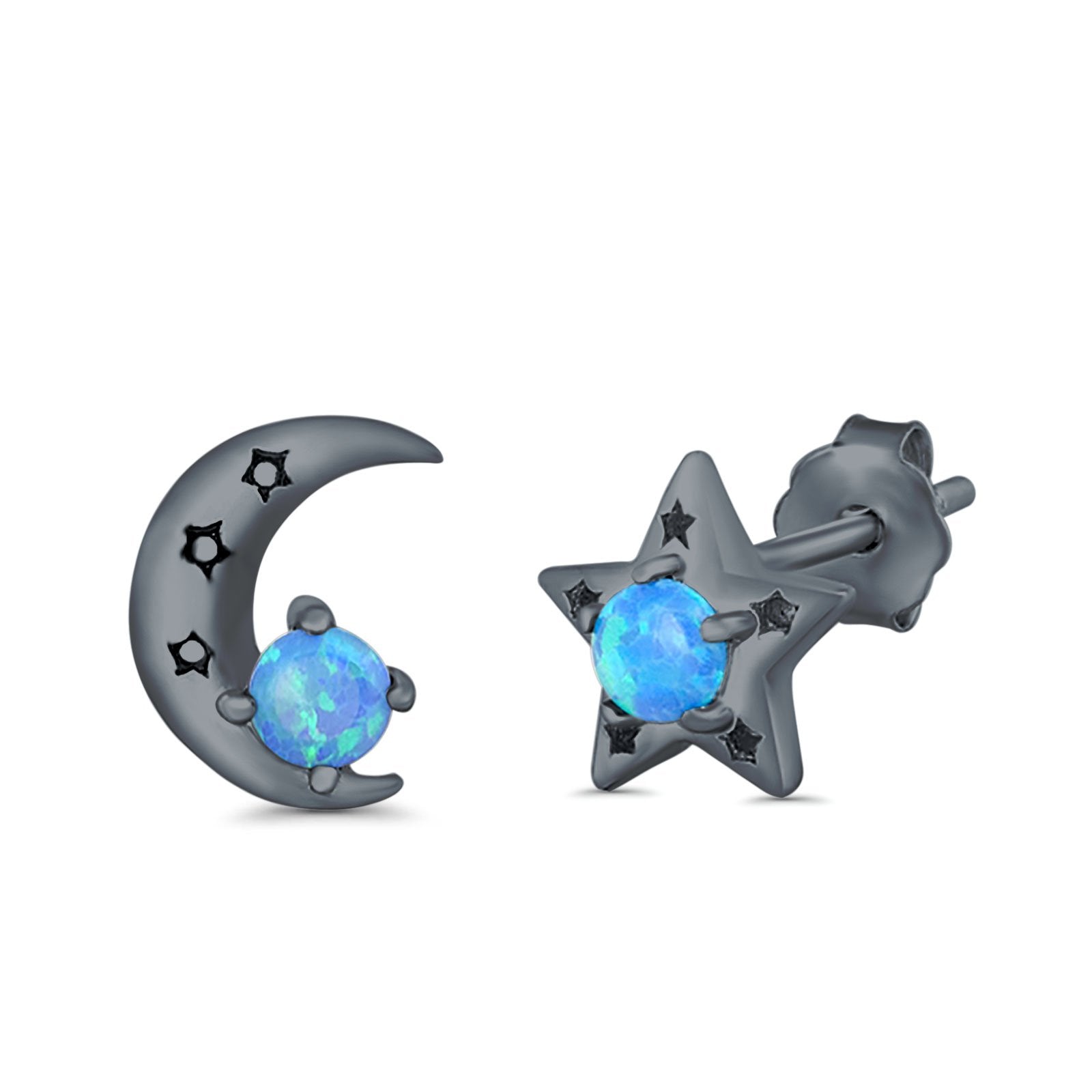 Moon and Star Stud Earrings Lab Created Opal 925 Sterling Silver (7mm)