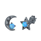 Moon and Star Stud Earrings Lab Created Opal 925 Sterling Silver (7mm)