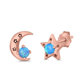 Moon and Star Stud Earrings Lab Created Opal 925 Sterling Silver (7mm)