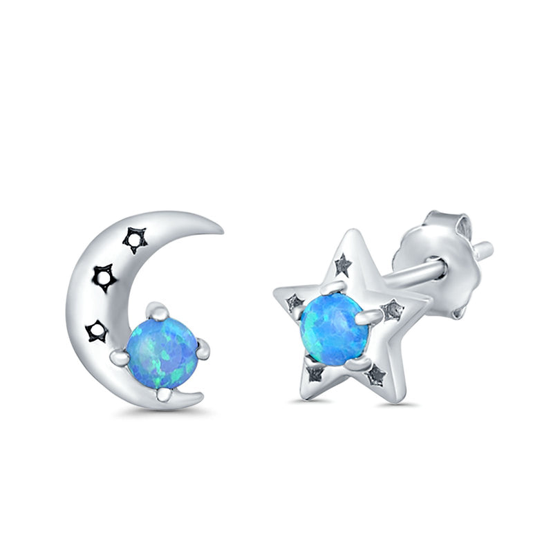Moon and Star Stud Earrings Lab Created Opal 925 Sterling Silver (7mm)