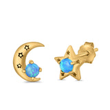 Moon and Star Stud Earrings Lab Created Opal 925 Sterling Silver (7mm)