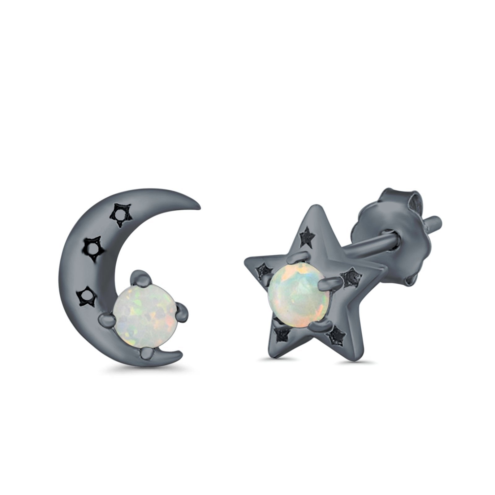 Moon and Star Stud Earrings Lab Created Opal 925 Sterling Silver (7mm)