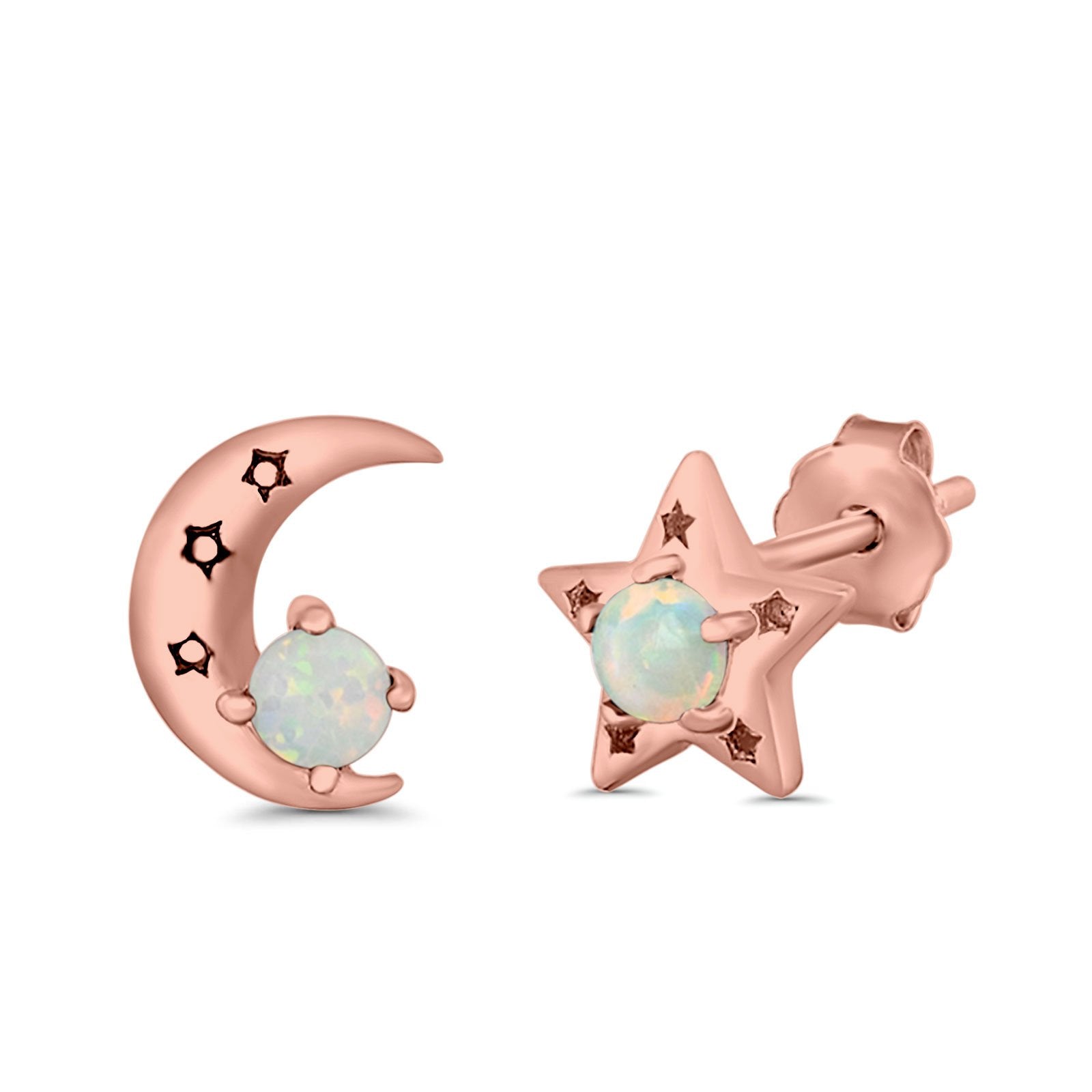 Moon and Star Stud Earrings Lab Created Opal 925 Sterling Silver (7mm)