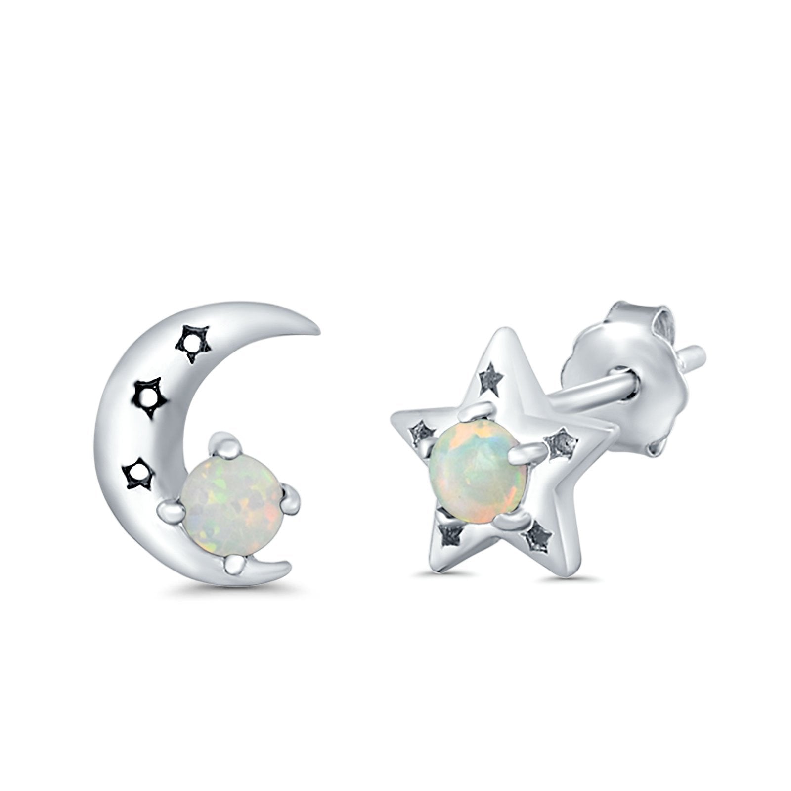 Moon and Star Stud Earrings Lab Created Opal 925 Sterling Silver (7mm)