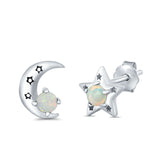 Moon and Star Stud Earrings Lab Created Opal 925 Sterling Silver (7mm)