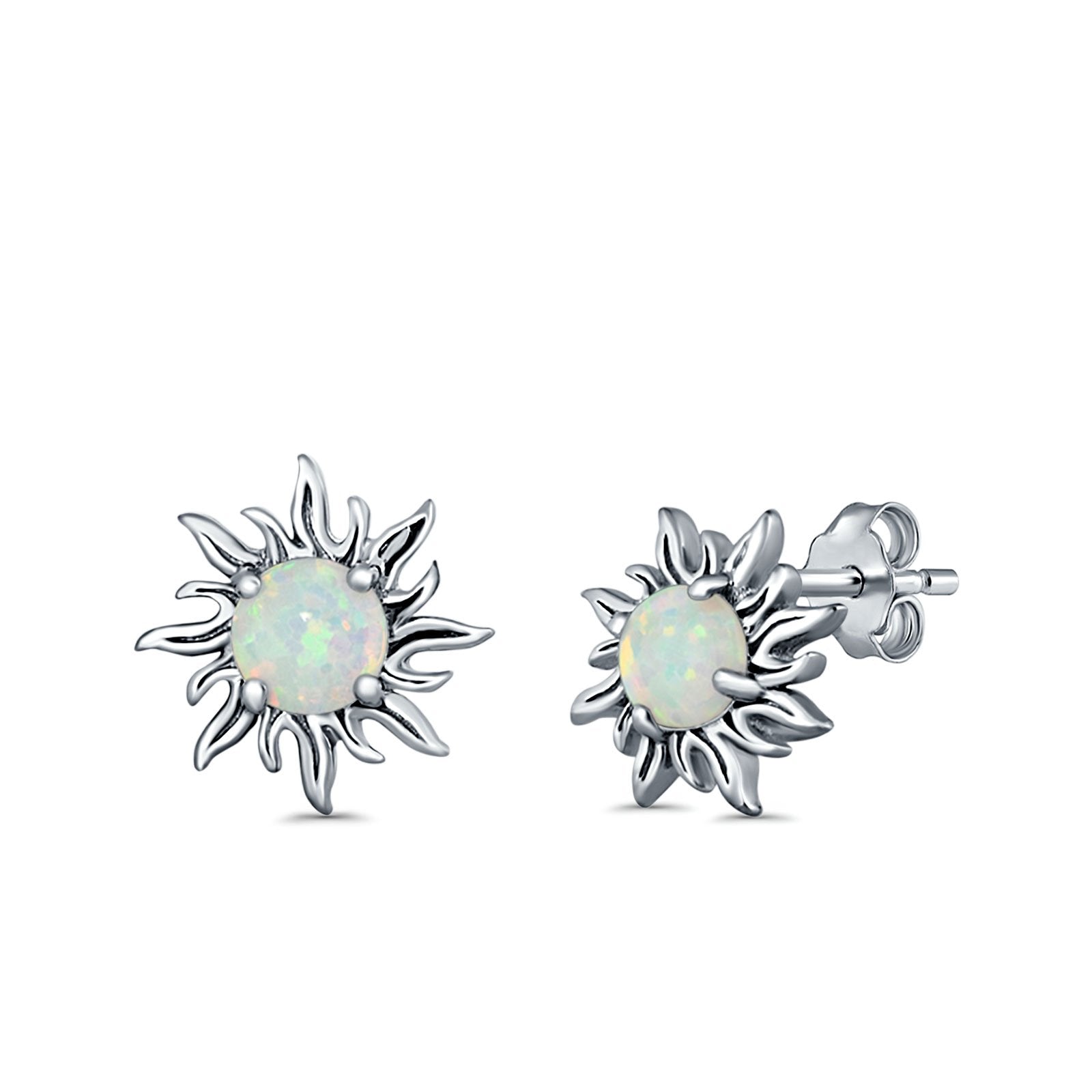 Sun Stud Earrings Lab Created Opal 925 Sterling Silver (14mm)