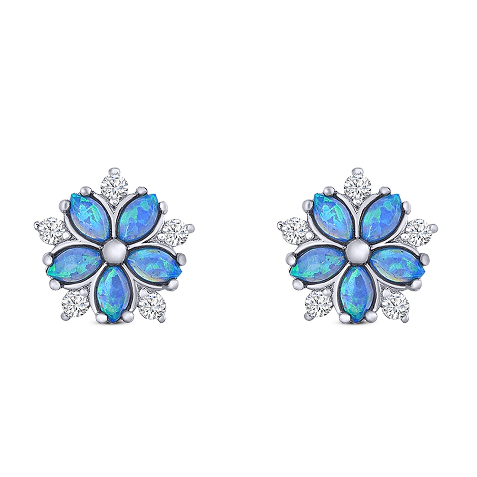 Flower Stud Earring Simulated Cubic Zirconia Created Opal Solid 925 Sterling Silver (9mm)