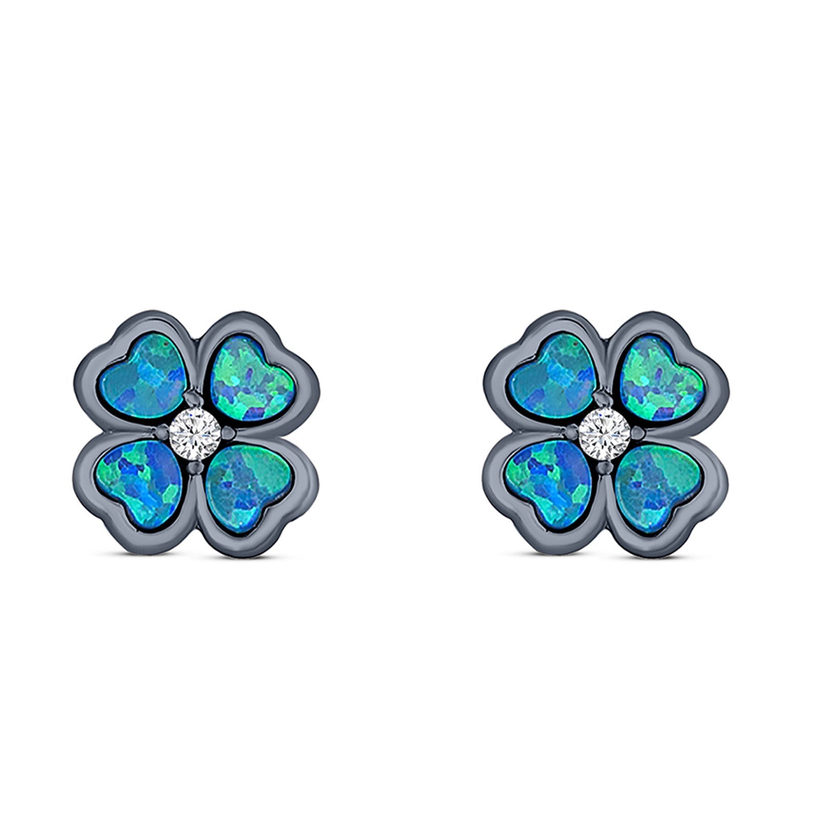 Plumeria Stud Earring Simulated Cubic Zirconia Created Opal Solid 925 Sterling Silver (9mm)