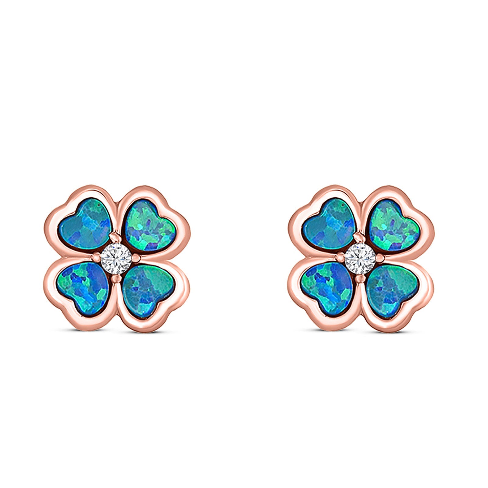 Plumeria Stud Earring Simulated Cubic Zirconia Created Opal Solid 925 Sterling Silver (9mm)