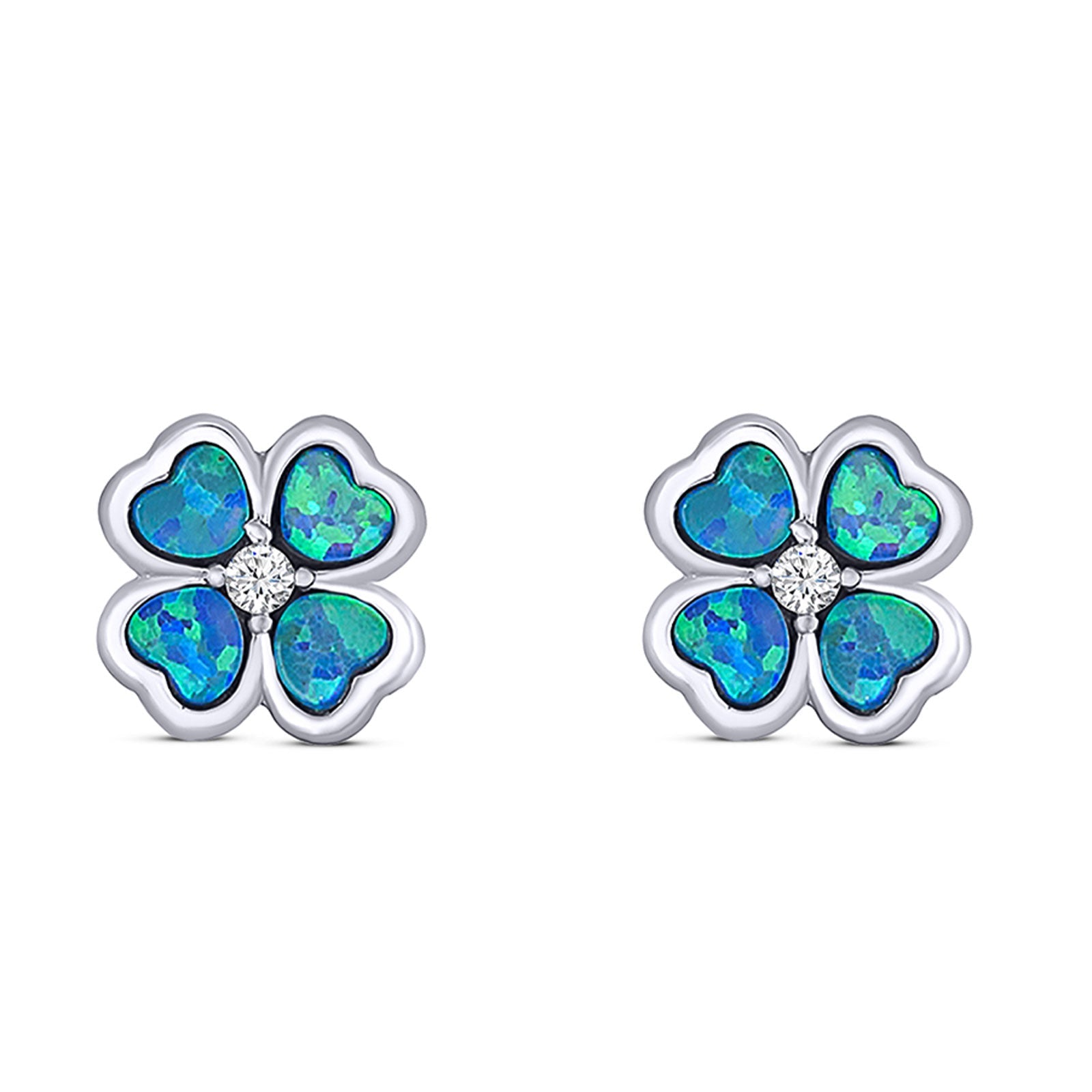 Plumeria Stud Earring Simulated Cubic Zirconia Created Opal Solid 925 Sterling Silver (9mm)