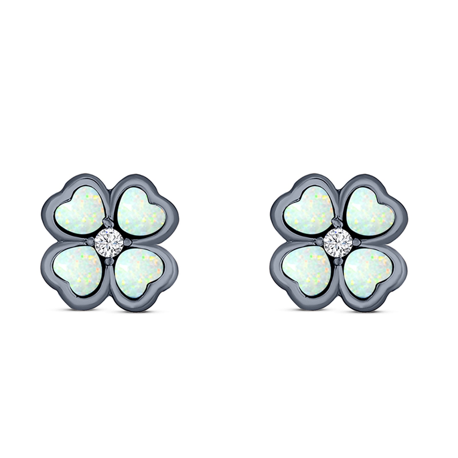 Plumeria Stud Earring Simulated Cubic Zirconia Created Opal Solid 925 Sterling Silver (9mm)