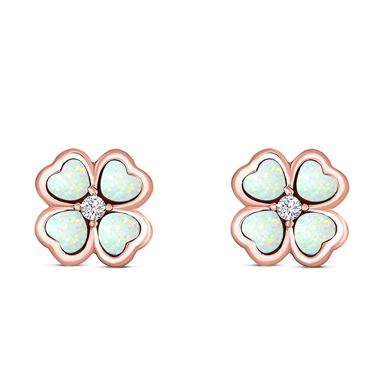 Plumeria Stud Earring Simulated Cubic Zirconia Created Opal Solid 925 Sterling Silver (9mm)