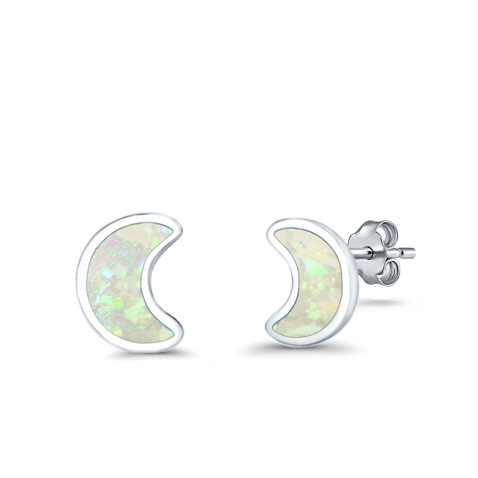 Moon Stud Earrings Lab Created Opal 925 Sterling Silver (14mm)