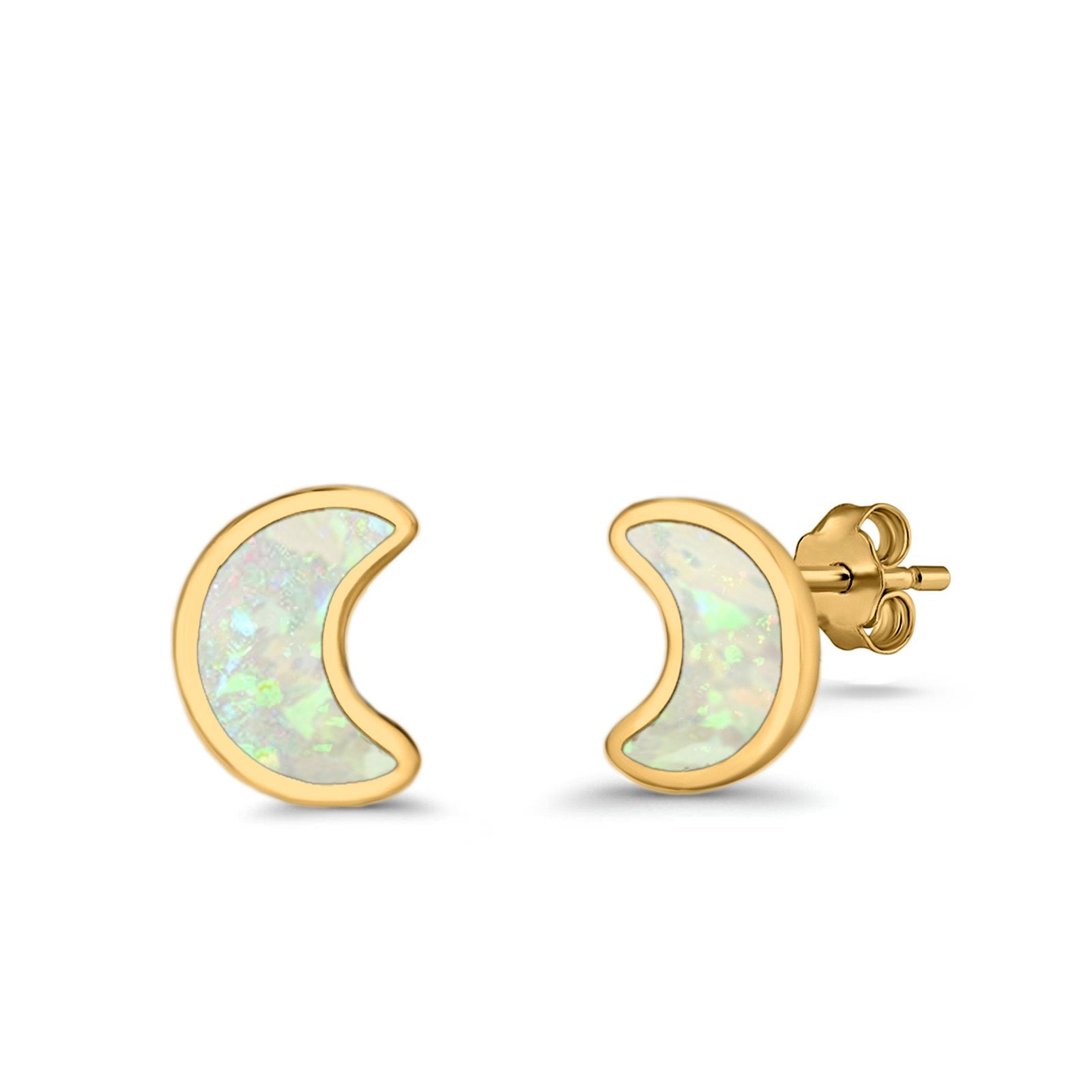 Moon Stud Earrings Lab Created Opal 925 Sterling Silver (14mm)