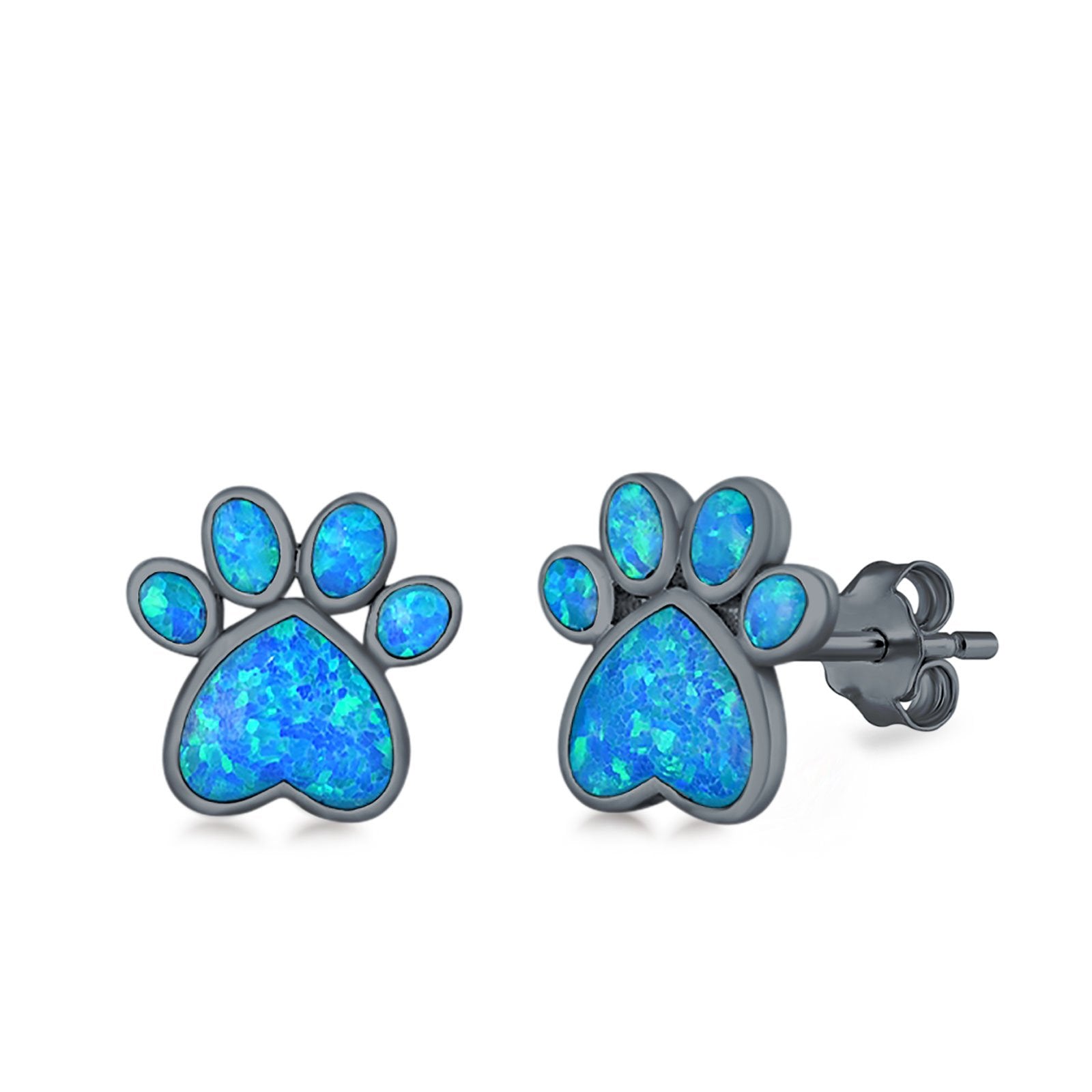 Paw Prints Stud Earrings Lab Created Opal 925 Sterling Silver (10mm)
