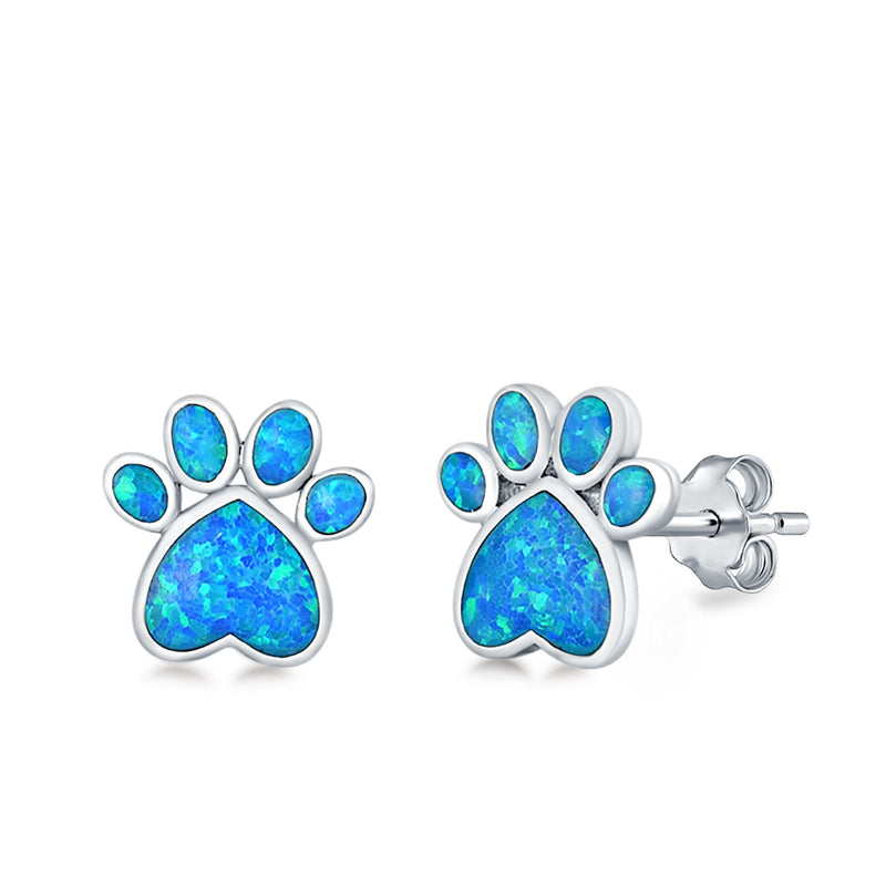 Paw Prints Stud Earrings Lab Created Opal 925 Sterling Silver (10mm)