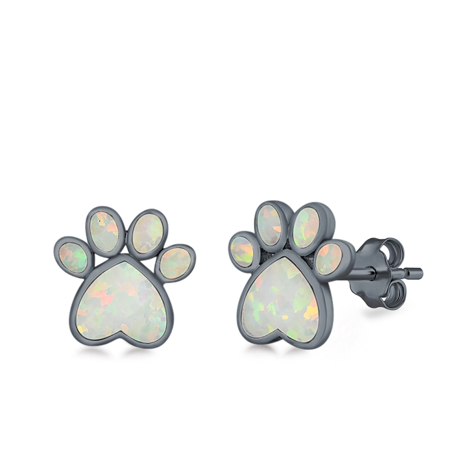 Paw Prints Stud Earrings Lab Created Opal 925 Sterling Silver (10mm)