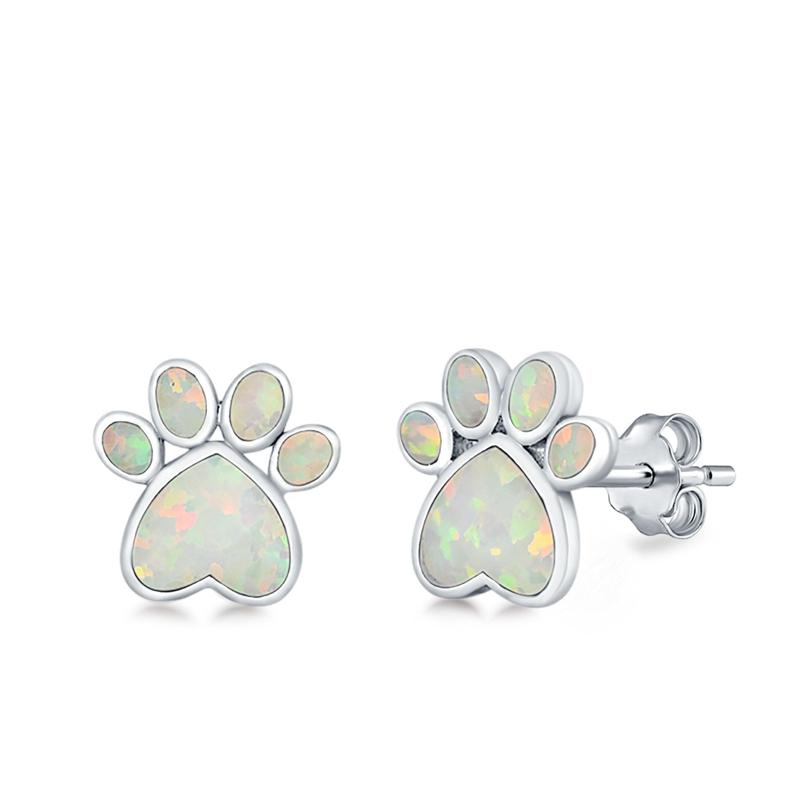 Paw Prints Stud Earrings Lab Created Opal 925 Sterling Silver (10mm)