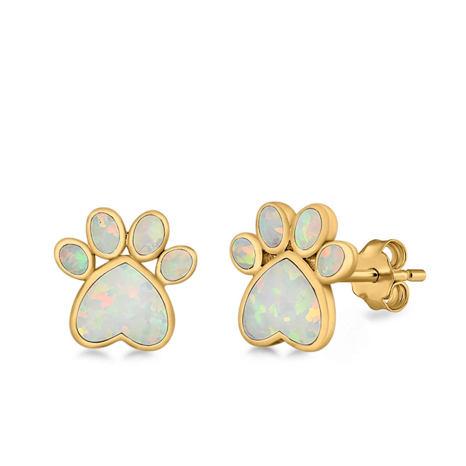 Paw Prints Stud Earrings Lab Created Opal 925 Sterling Silver (10mm)
