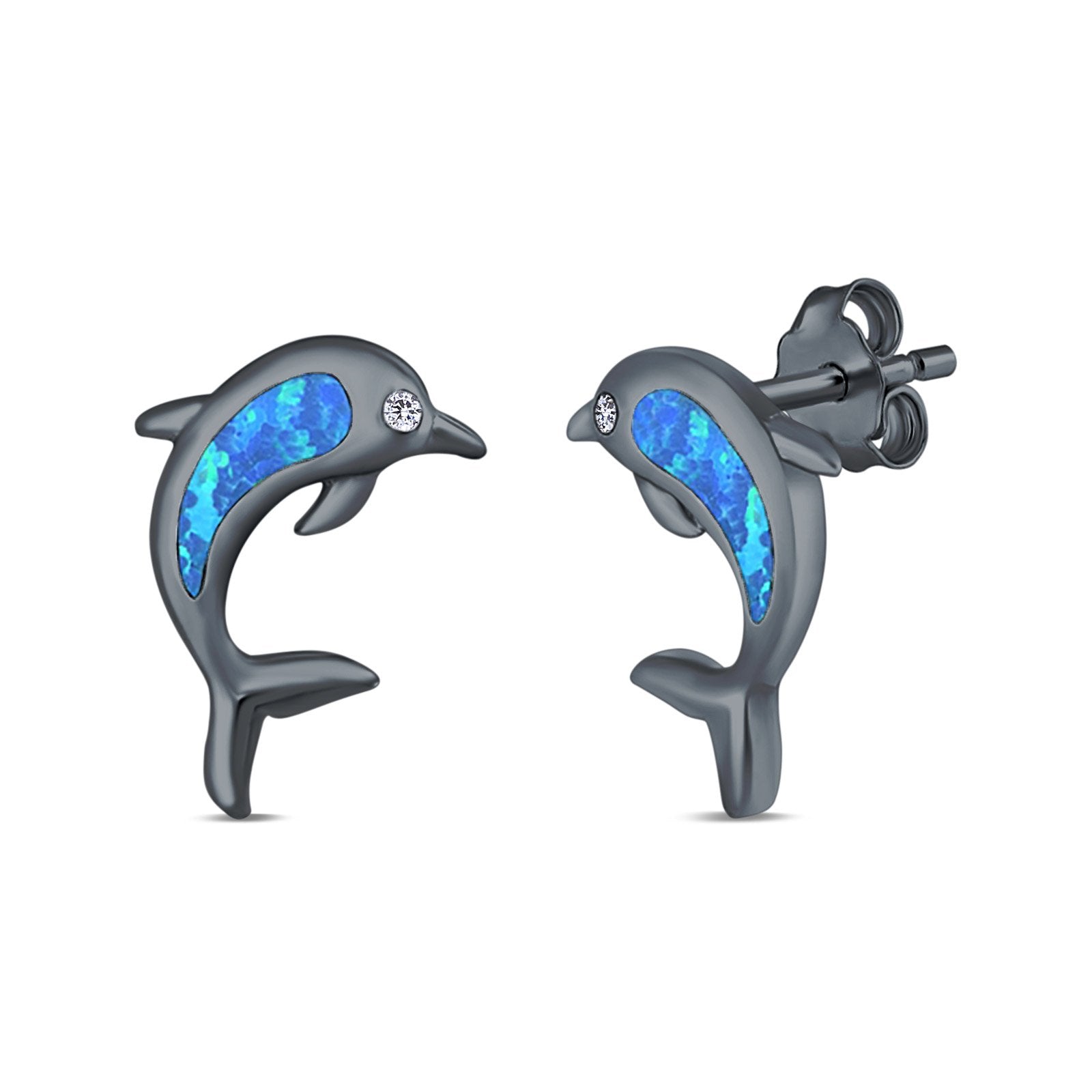 Dolphin Stud Earrings Lab Created Opal 925 Sterling Silver (13mm)